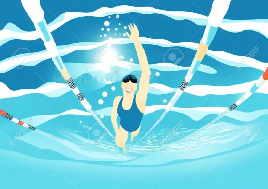 Schwimmwettbewerb im Pool. Professionelle Schwimmerinnen im Pool. Freestyle-Schlaganfallfrau, die in Wasservektorillustration springt