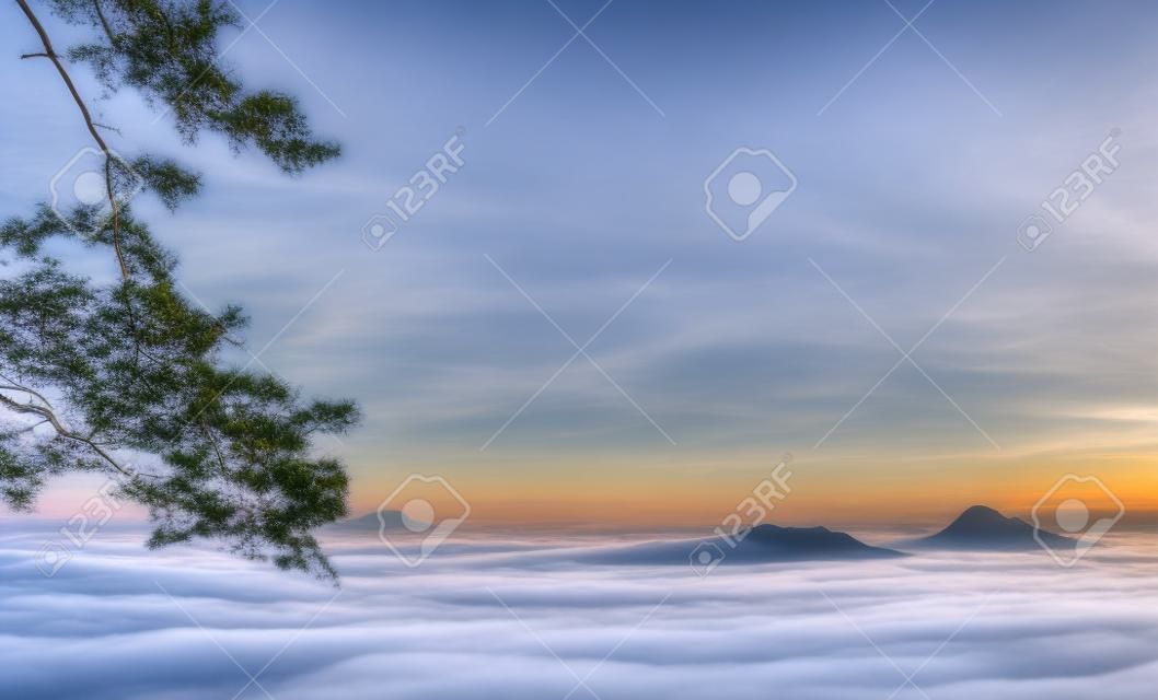 Niebla hermosa del mar en el tiempo de la mañana en el punto de vista de la salida del sol, parque nacional de Phu Kradueng en Tailandia, paisaje photo