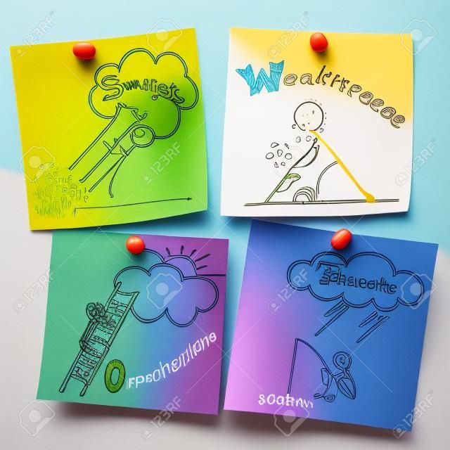 Illustration of swot analysis on colorful notes - strengths weaknesses opportunities threats