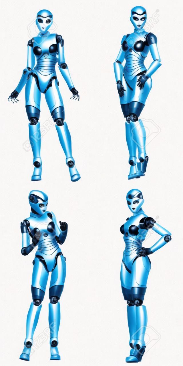 Illustration of a pack of four  4  female robots with different poses and expressions isolated on a white background - 3of5