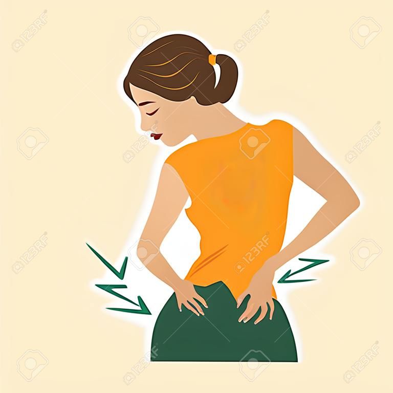Sad young woman with back pain. The concept of health and medicine. illustration, vector
