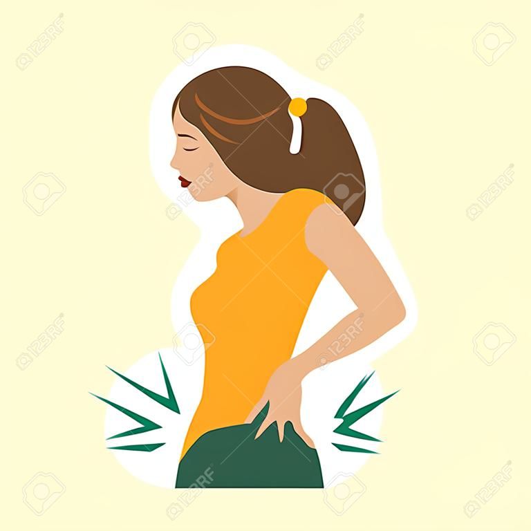 Sad young woman with back pain. The concept of health and medicine. illustration, vector