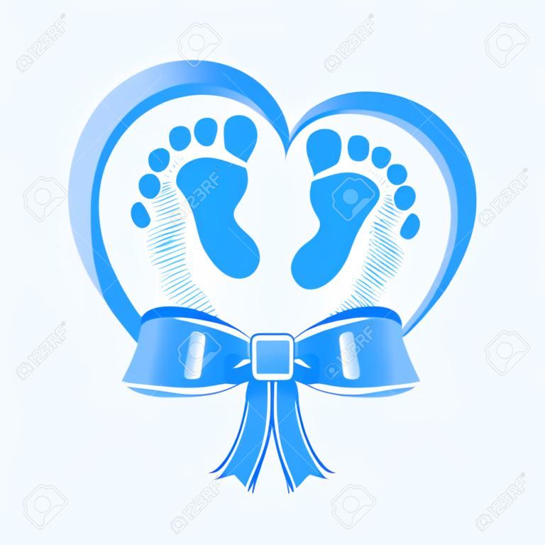 Dos huellas de bebé en el corazón con un lazo. el símbolo del recién nacido  en el corazón. icono de recién nacidos
