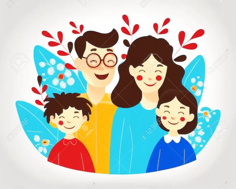 Feliz familia, madre y padre con hijos, hijo e hija, día familiar, día de la madre, ilustración, vector