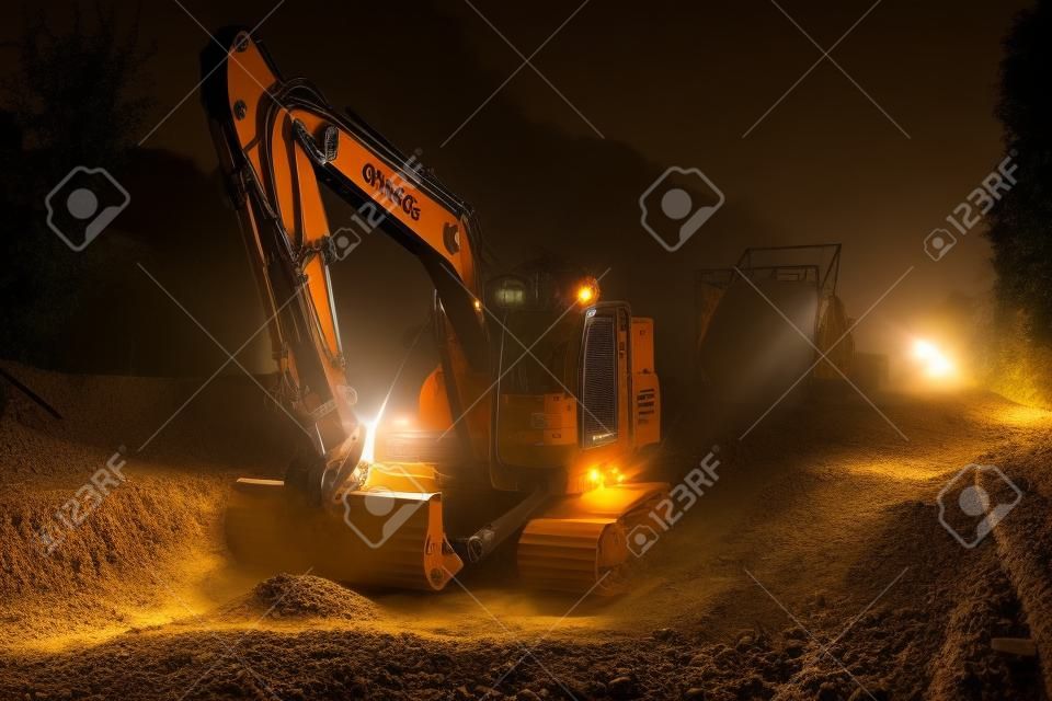Excavadora excavadora naranja trabajando por la noche en la calle