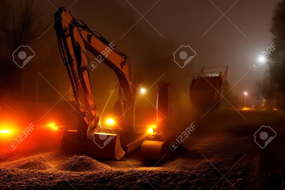 Orange excavator digger working at night on the street