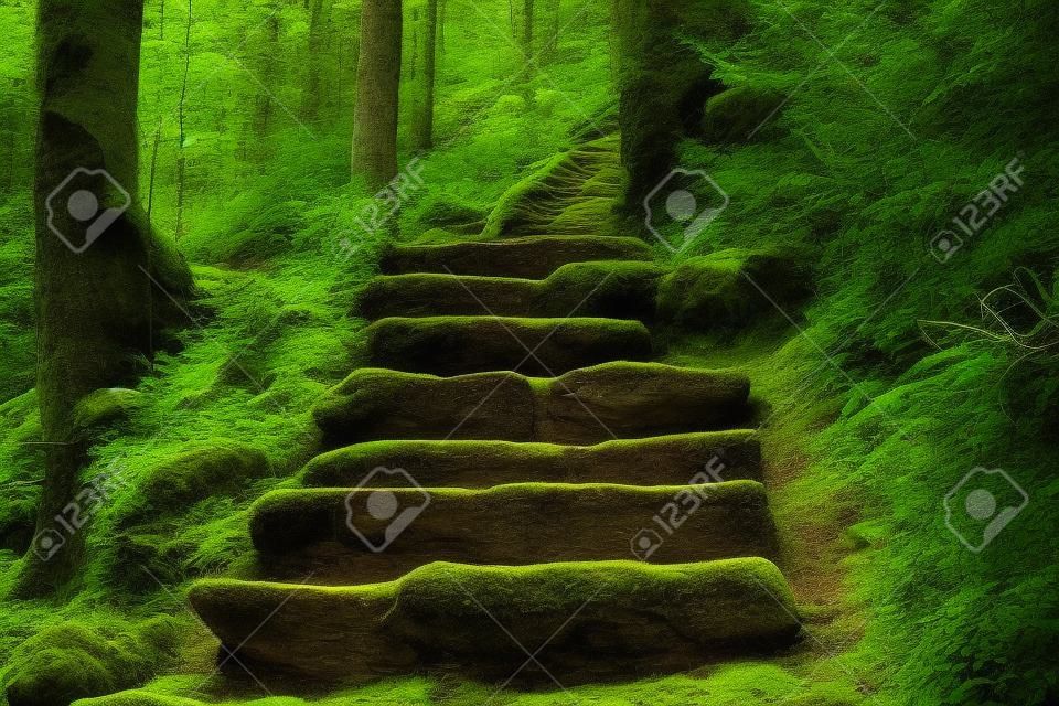 Stone staircase leading up a walkway through the Black Forest, Germany