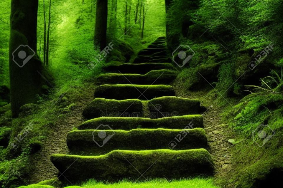 Stone staircase leading up a walkway through the Black Forest, Germany