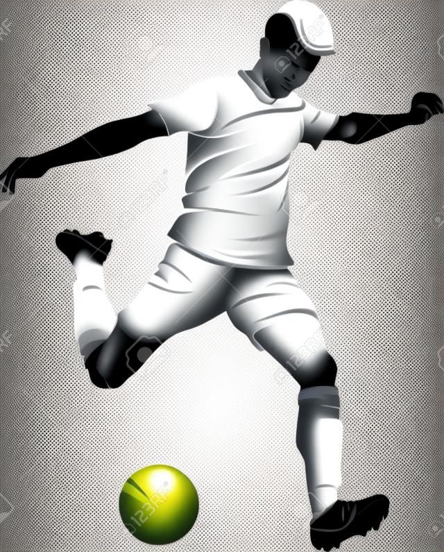 Jogador de futebol (futebol) com bola, isolado no branco.