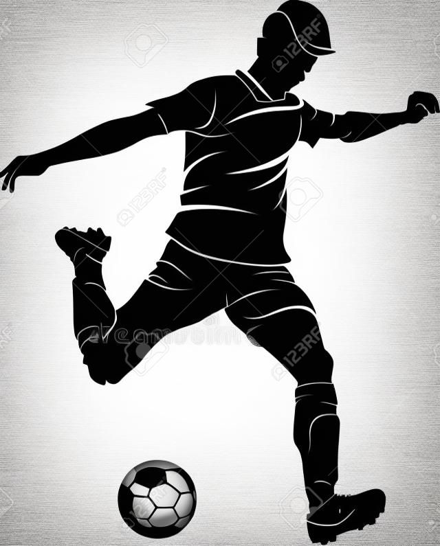 Fútbol (fútbol) con la bola, aislado en blanco. Vector silueta