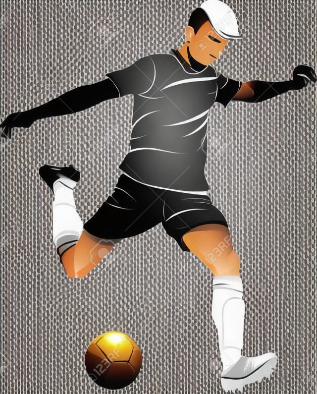 Jogador de futebol (futebol) com bola, isolado no branco.