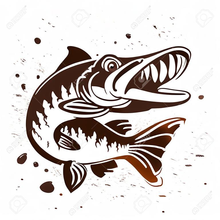 Pique predatório. A imagem estilizada do peixe. Ilustração do vetor no fundo branco com respingos da pintura. Projeto do conceito para a pesca.