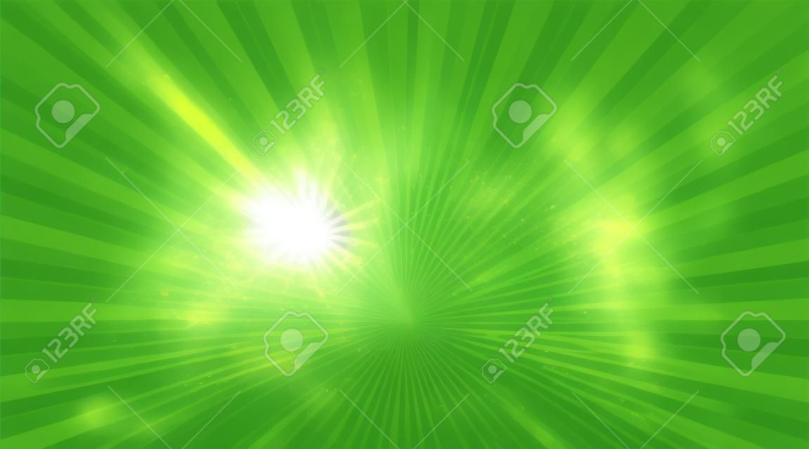 Illustration shiny sunbeams. Bright sunbeams on green background. Abstract bright background