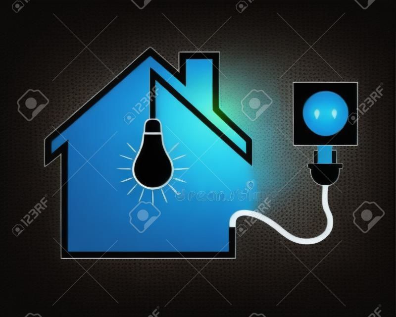 Negro casa con casquillo y bombilla - ilustración vectorial. Icono simple de la casa con la silueta, la bombilla y el zócalo con el enchufe.