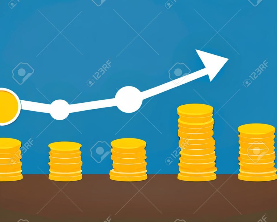 Coin icon in flat design. Gold coin symbol. Concept of income with arrow up. Heap of cash coin -  illustration.