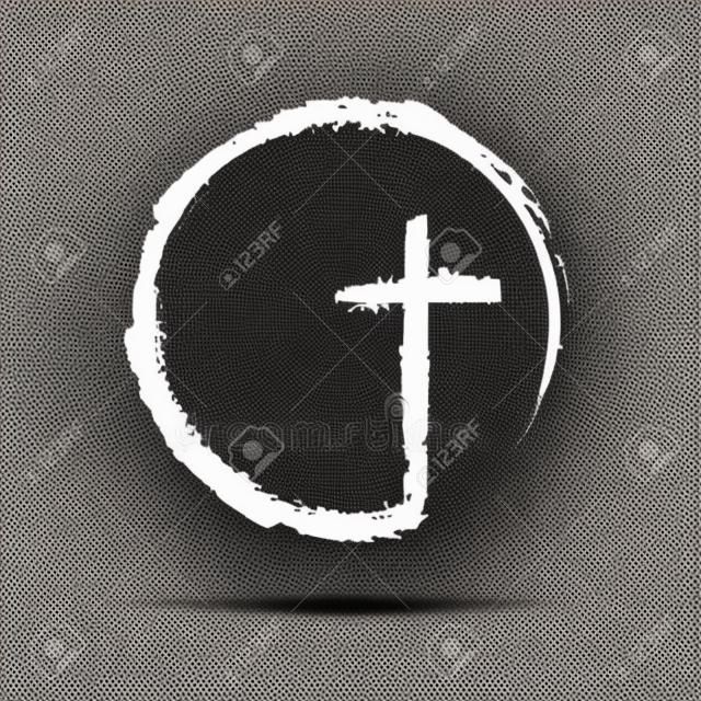 Christian kereszt ikon a körben. Fekete keresztény kereszt jele elszigetelt fehér háttérrel. Vektoros illusztráció.