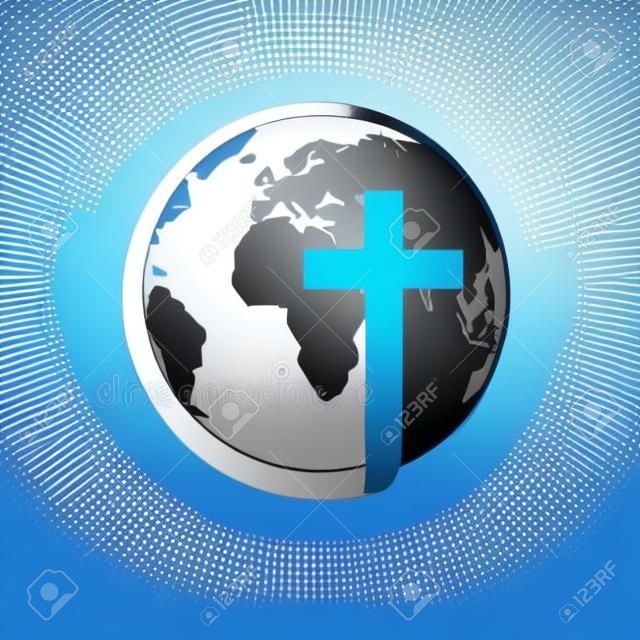 Christian cross icon with globe Earth. Vector illustration. Globe Earth isolated on blue background.