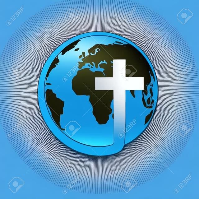 Christian cross icon with globe Earth. Vector illustration. Globe Earth isolated on blue background.