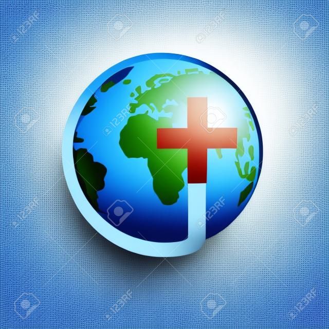 Christian kereszt ikon földgömb Földön. Vektoros illusztráció. Globe Föld elszigetelt kék háttér.