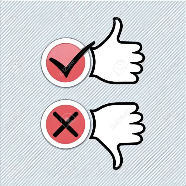 Thumb up icon with check mark. Thumb down with cross mark. Vector illustration. I like and dislike signs in flat design.