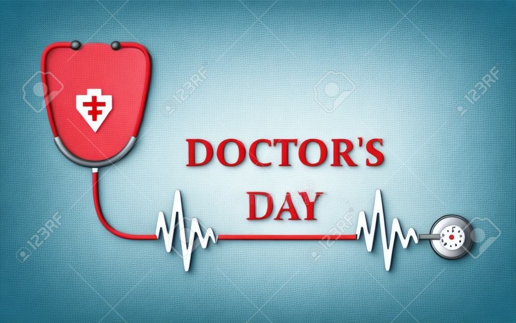 의사의 날 로고 글자와 청진 기의 표시. 벡터 일러스트입니다. 의사의 날 의료 귀여운 배경입니다. 건강의 날