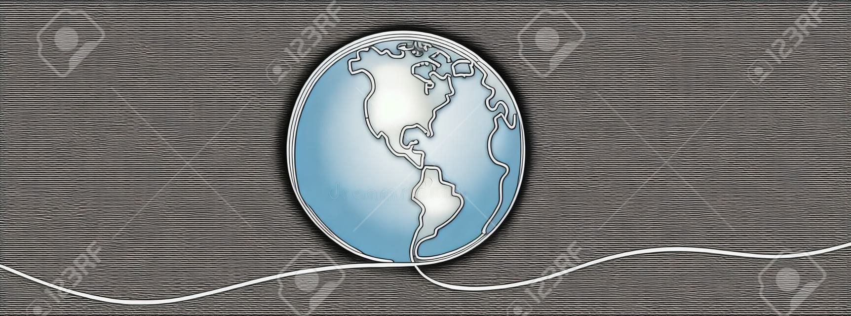 One continuous line drawing of Earth. Vector illustration. Earth globe one line background. Drawing map