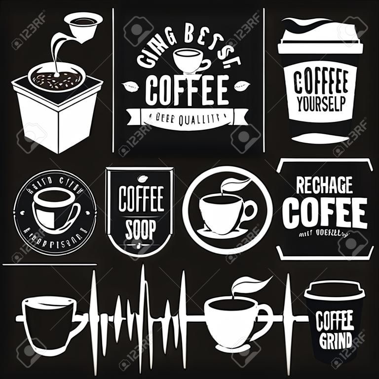Coffee related posters, labels, badges and design elements set. Good ideas start with coffee. Recharge yourself quote. Rise and grind phrase. Coffee shop sign.