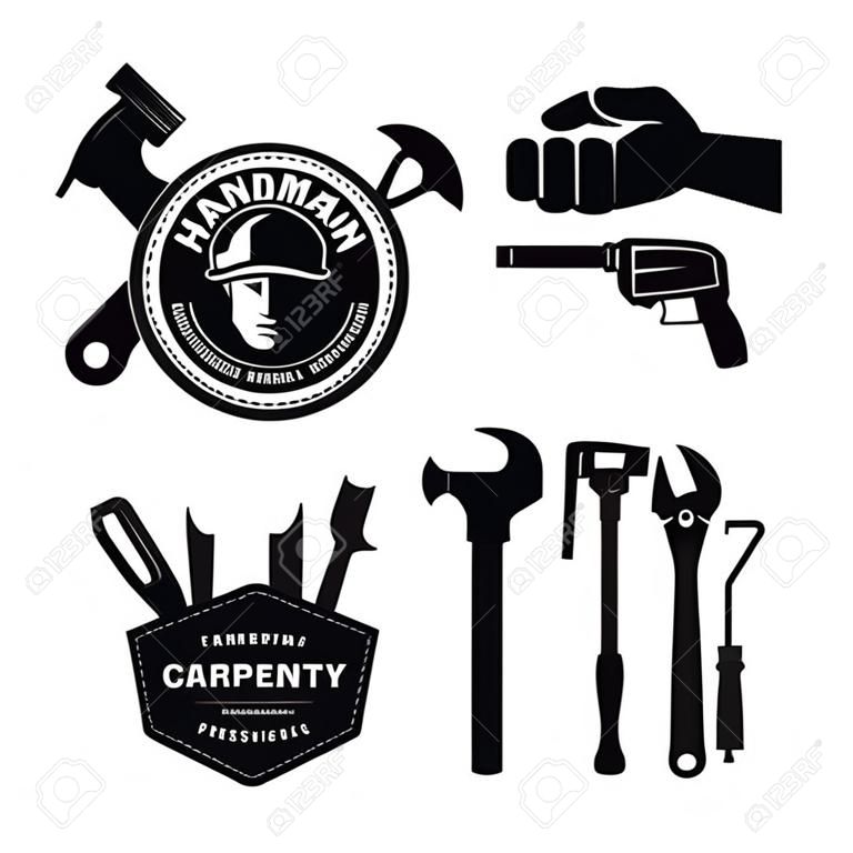 勤雜工標籤徽章標誌和設計元素。工具剪影。木工相關的矢量插圖復古。