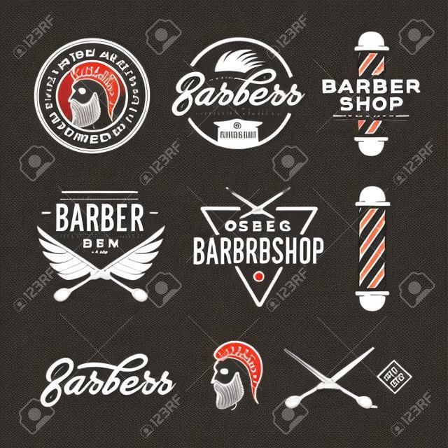 理髮店徽章設置。理髮師手刻字。設計元素集合的標誌，標籤，標誌。矢量插圖復古。
