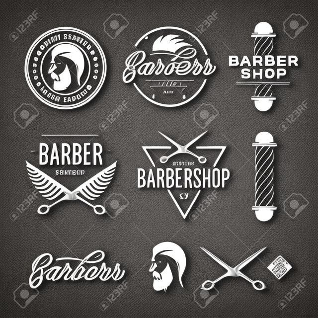 理髮店徽章設置。理髮師手刻字。設計元素集合的標誌，標籤，標誌。矢量插圖復古。