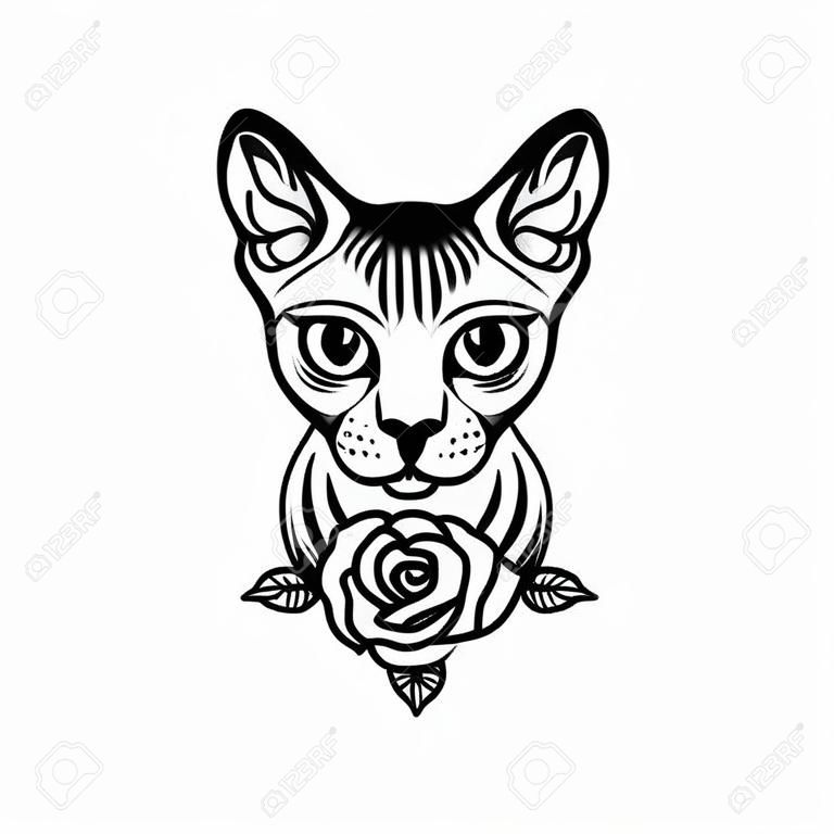 Sfinks kot głowa portret tatuaż rysunek. ilustracji wektorowych.