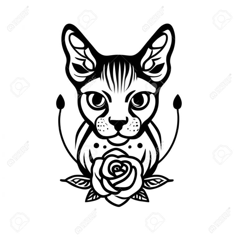 Sphinx kat hoofd portret tatoeage tekening. Vector illustratie.