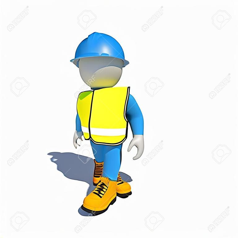 Работник в желтый жилет, оранжевый обувь и синий шлем. Изолированные визуализации на белом фоне