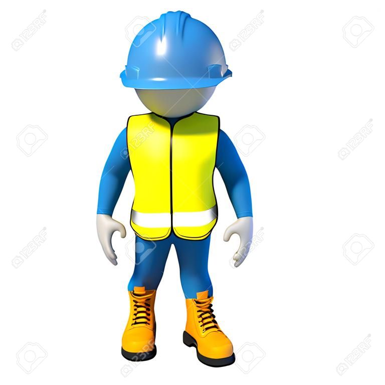 Работник в желтый жилет, оранжевый обувь и синий шлем. Изолированные визуализации на белом фоне