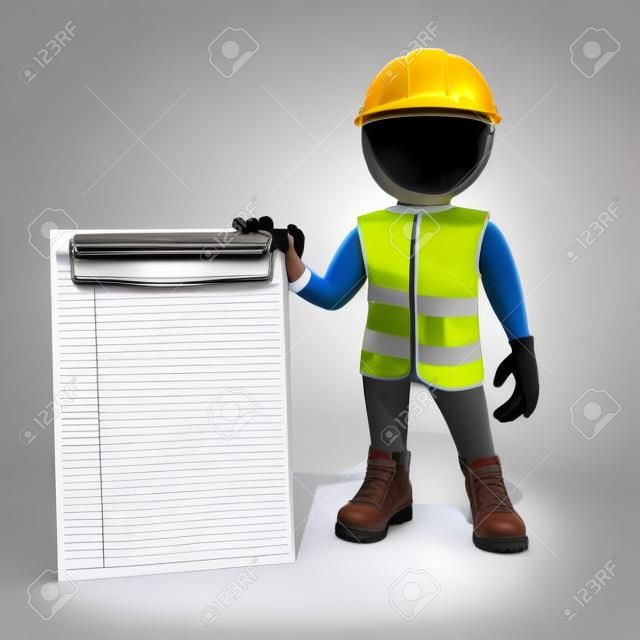 Worker in vest, shoes and helmet holding empty clipboard. Isolated render on white background