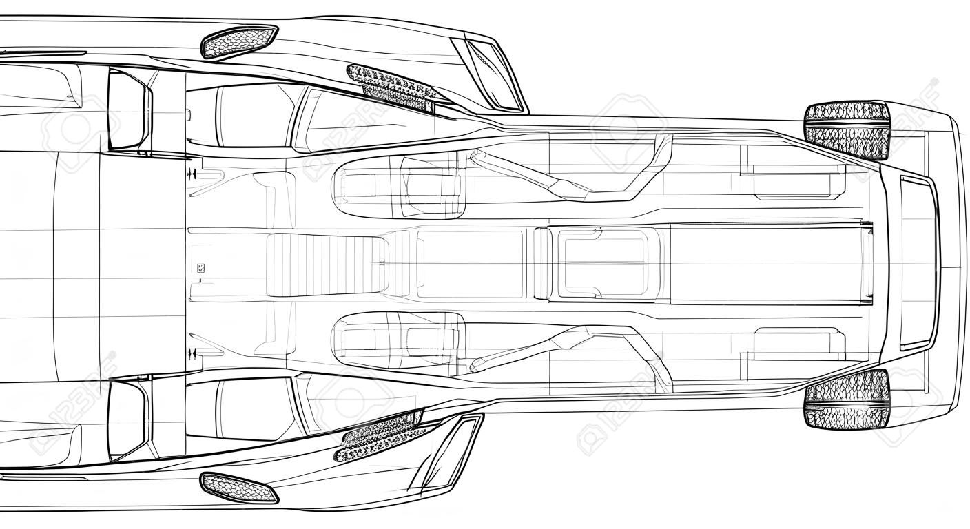 Concept car in 3d blueprint illustration Vector top view
