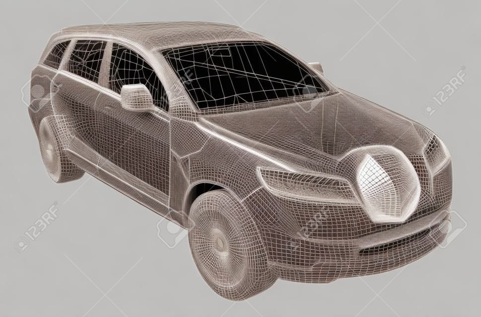 車のスケッチ。3D のベクトル レンダリング。ワイヤ フレーム スタイル。表示線と非表示の線のレイヤーが分離されている
