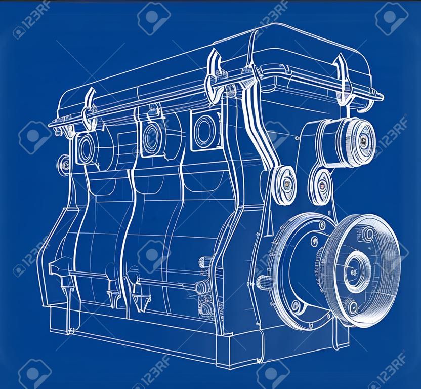 Engine sketch. Vector rendering of 3d. Wire-frame style. The layers of visible and invisible lines are separated