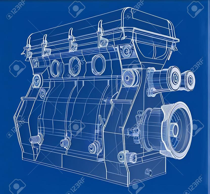 Engine sketch. Vector rendering of 3d. Wire-frame style. The layers of visible and invisible lines are separated