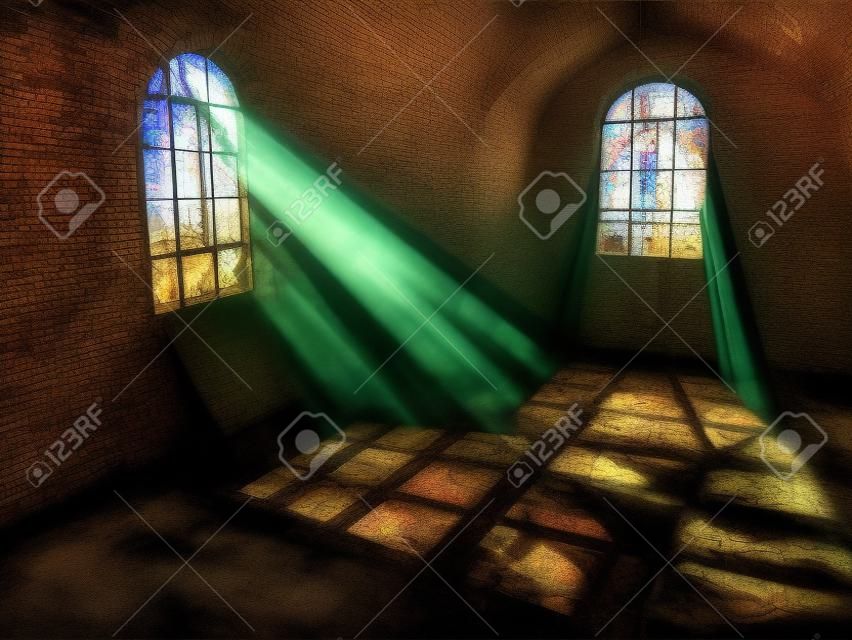 Empty room with stained windows