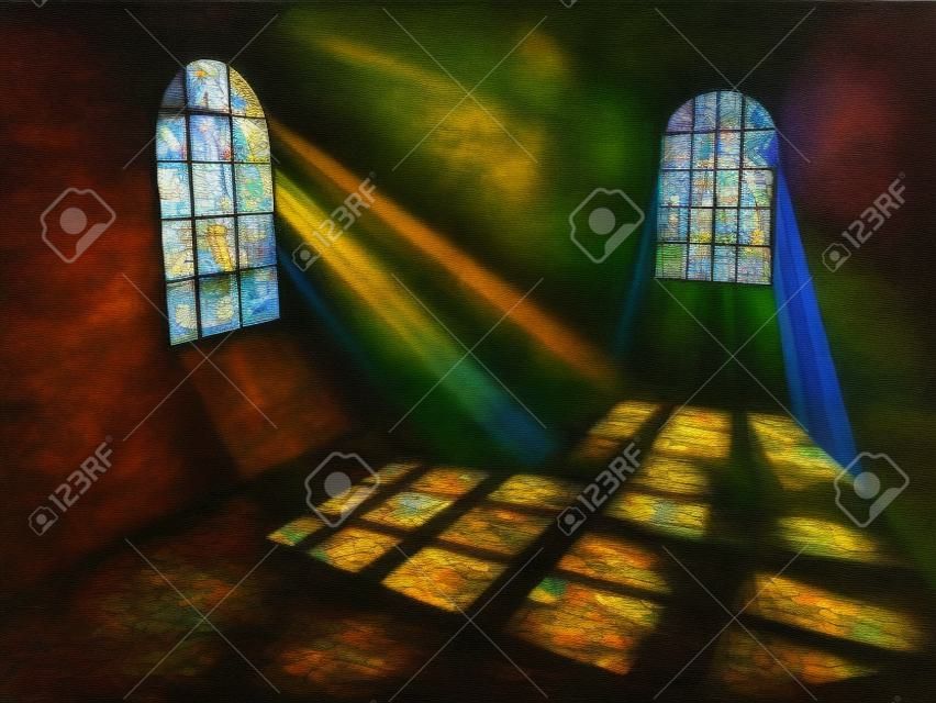 Empty room with stained windows