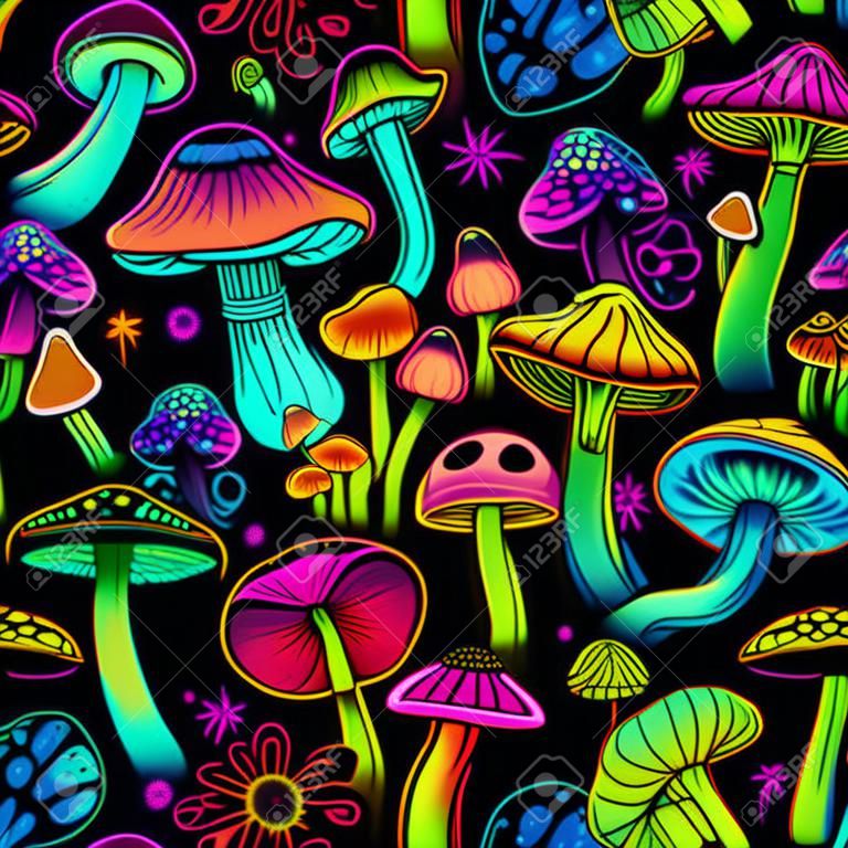 Ilustração sem emenda com cogumelos psicodélicos brilhantes