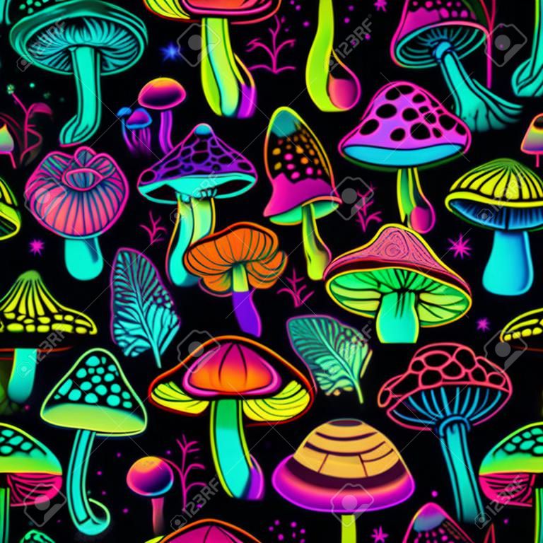 Ilustração sem emenda com cogumelos psicodélicos brilhantes