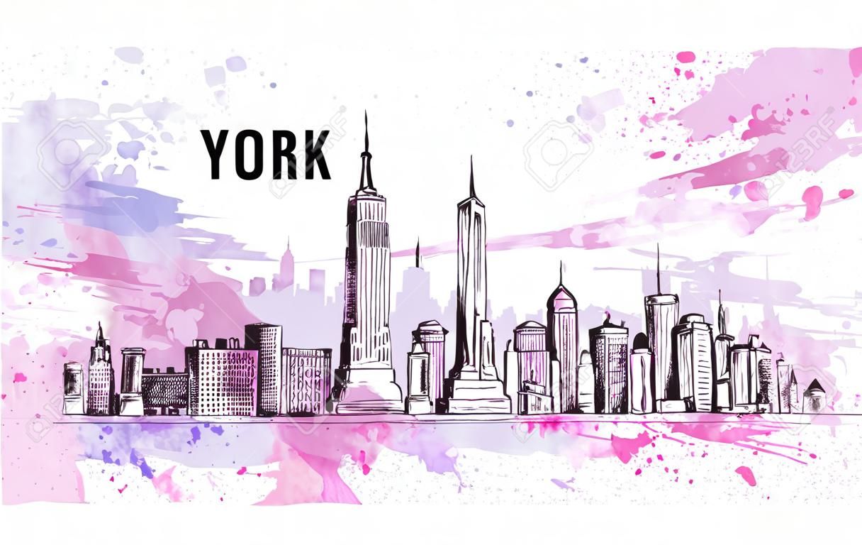 New York city, vector drawing in sketch style in colorful grunge and watercolor shape. Very useful for poster, banner, travel