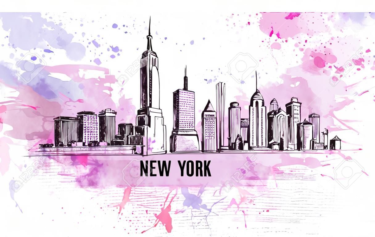 New York city, vector drawing in sketch style in colorful grunge and watercolor shape. Very useful for poster, banner, travel
