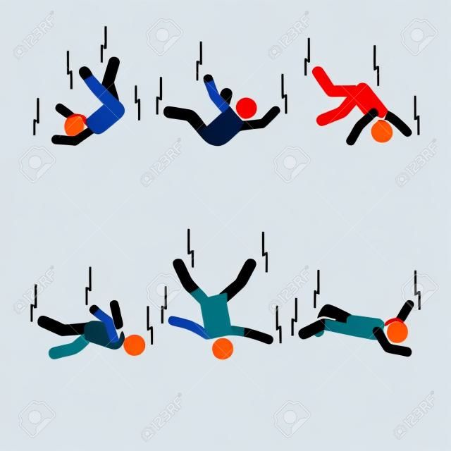 La caída del hombre figura pictograma. Diferentes posiciones de icono de persona voladora establecen postura de símbolo en blanco