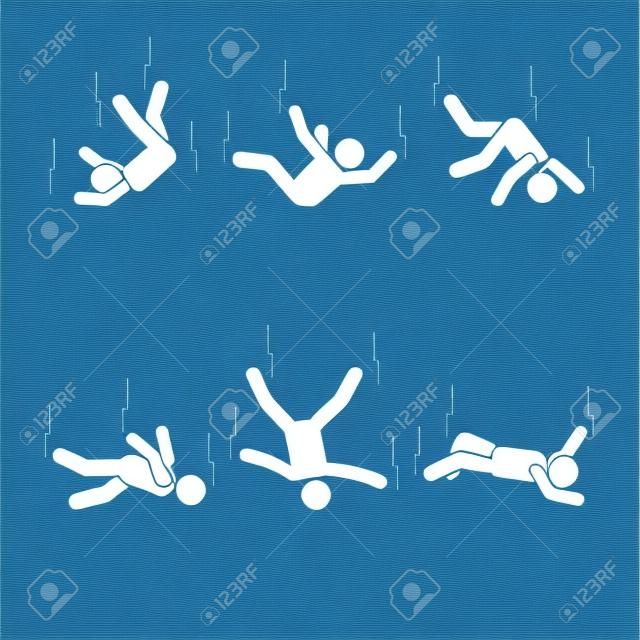 Pittogramma di figura stilizzata di caduta dell'uomo. Posizioni differenti della posizione stabilita di simbolo dell'icona della persona di volo su bianco