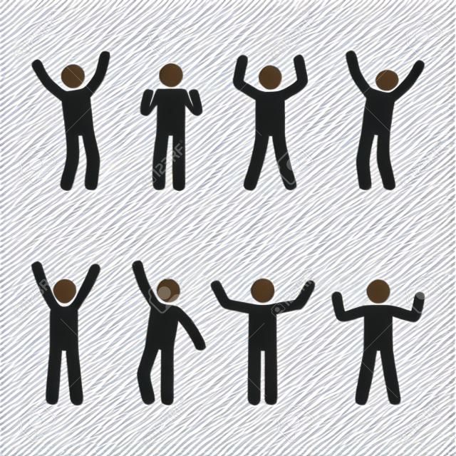 Stick figura felicidade, liberdade, conjunto de movimento. Ilustração vetorial de celebração poses pictograma.