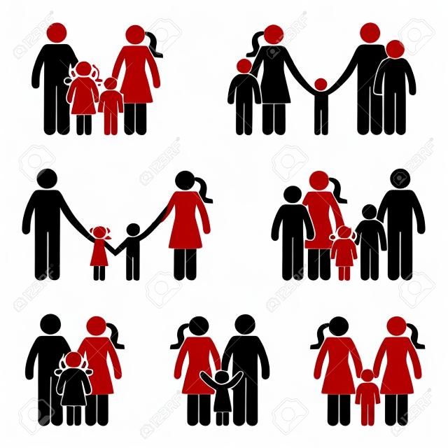 Stick figure family icon set. Vector illustration of people in different age on white
