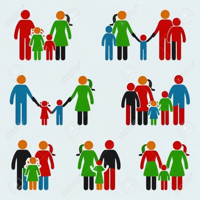 Conjunto de ícones de família de figura de pau. Ilustração vetorial de pessoas em idade diferente no branco